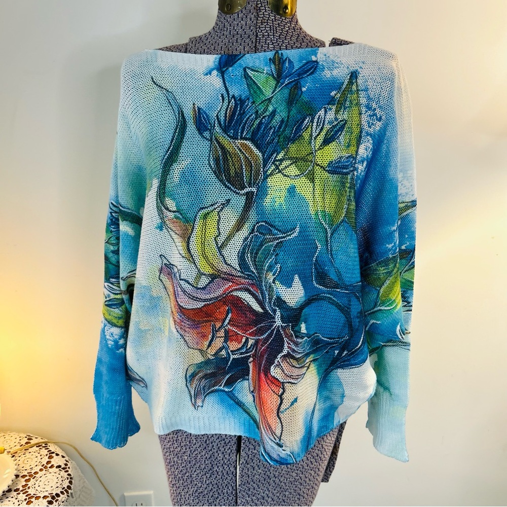 Artistic Blue Floral Off-the-Shoulder Sweater Froccella